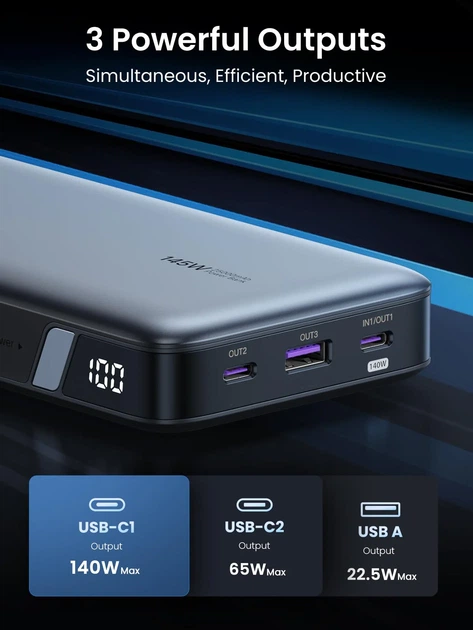 Три виходи UGREEN PB205 USB-C1 USB-C2 та USB-A