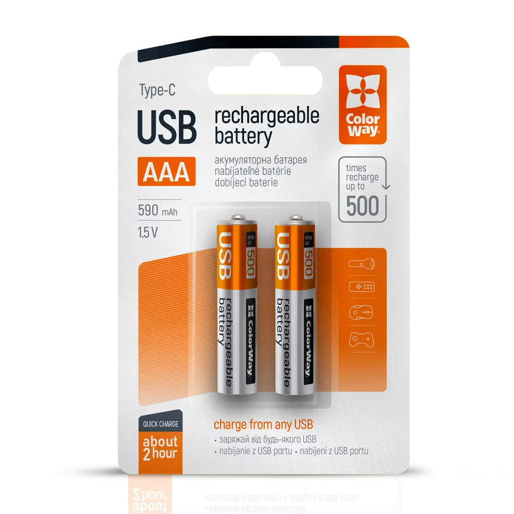 Аккумуляторные батареи ColorWay AAA USB-C CW-UBAAA-09 в комплекте 2 шт.