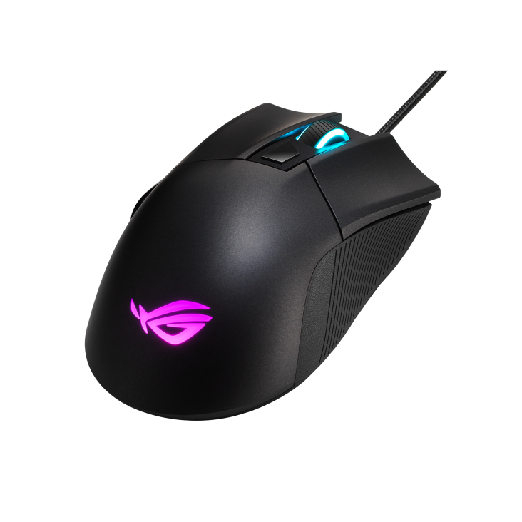 ROG Gladius II Core, высокий фронтальный ракурс с RGB-подсветкой