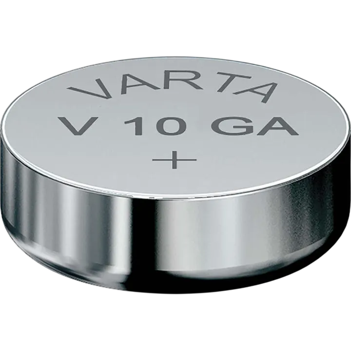 Кнопочная батарейка VARTA V10GA LR54, вид сверху с маркировкой и положительным полюсом