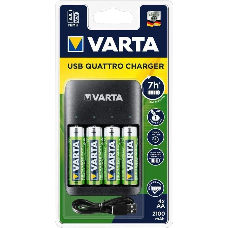 Зарядное устройство VARTA USB Quattro Charger и четыре аккумулятора AA 2100 мАч в заводской упаковке