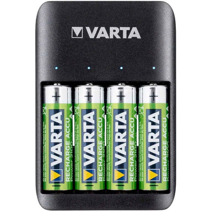 Зарядное устройство VARTA USB Quattro Charger с четырьмя установленными аккумуляторами AA 2100 мАч, вид спереди