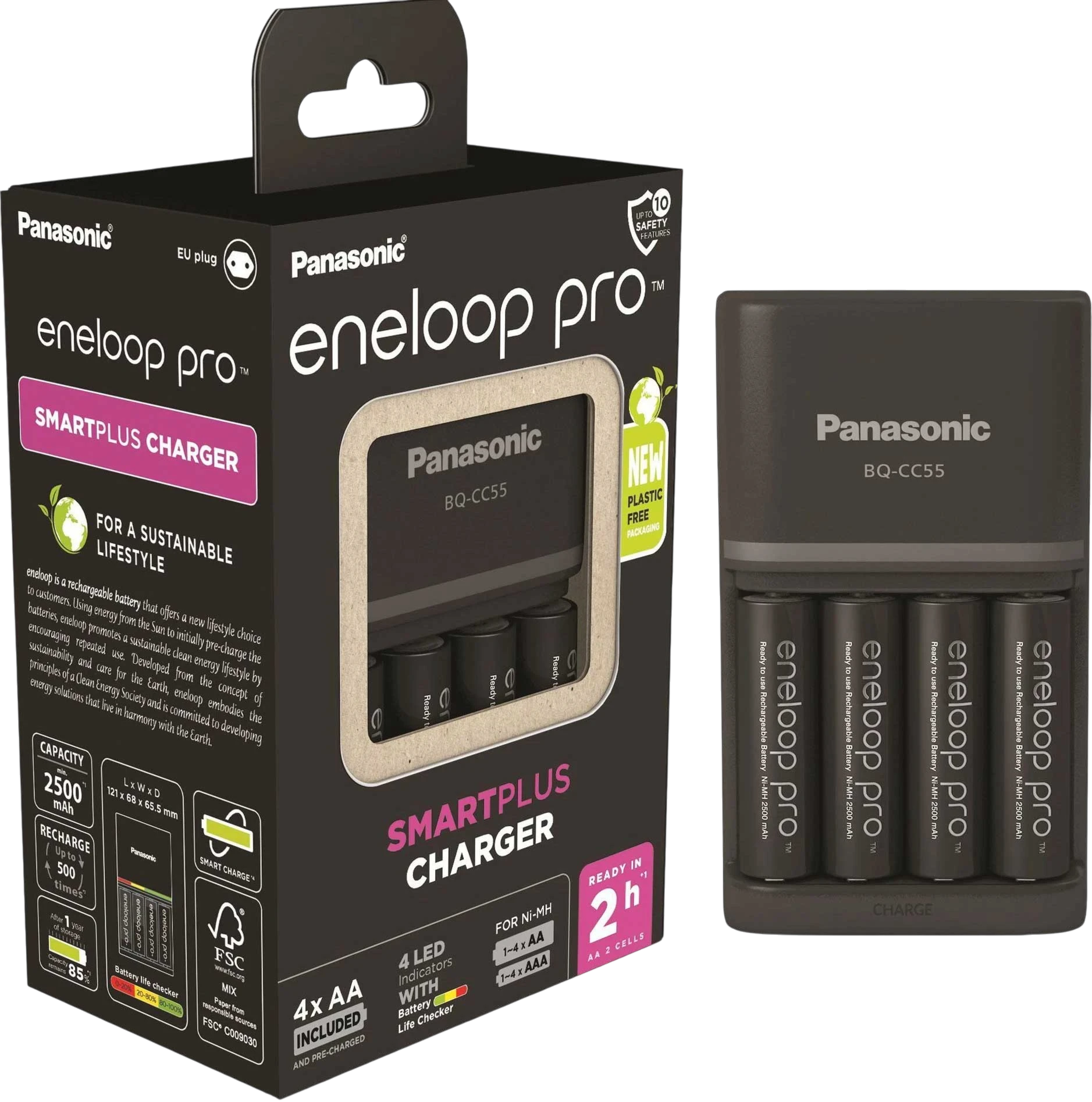 Panasonic eneloop pro K-KJ55HCD40E, комплект Smartplus Charger BQ-CC55 с четырьмя аккумуляторами AA 2500 мАч и упаковкой