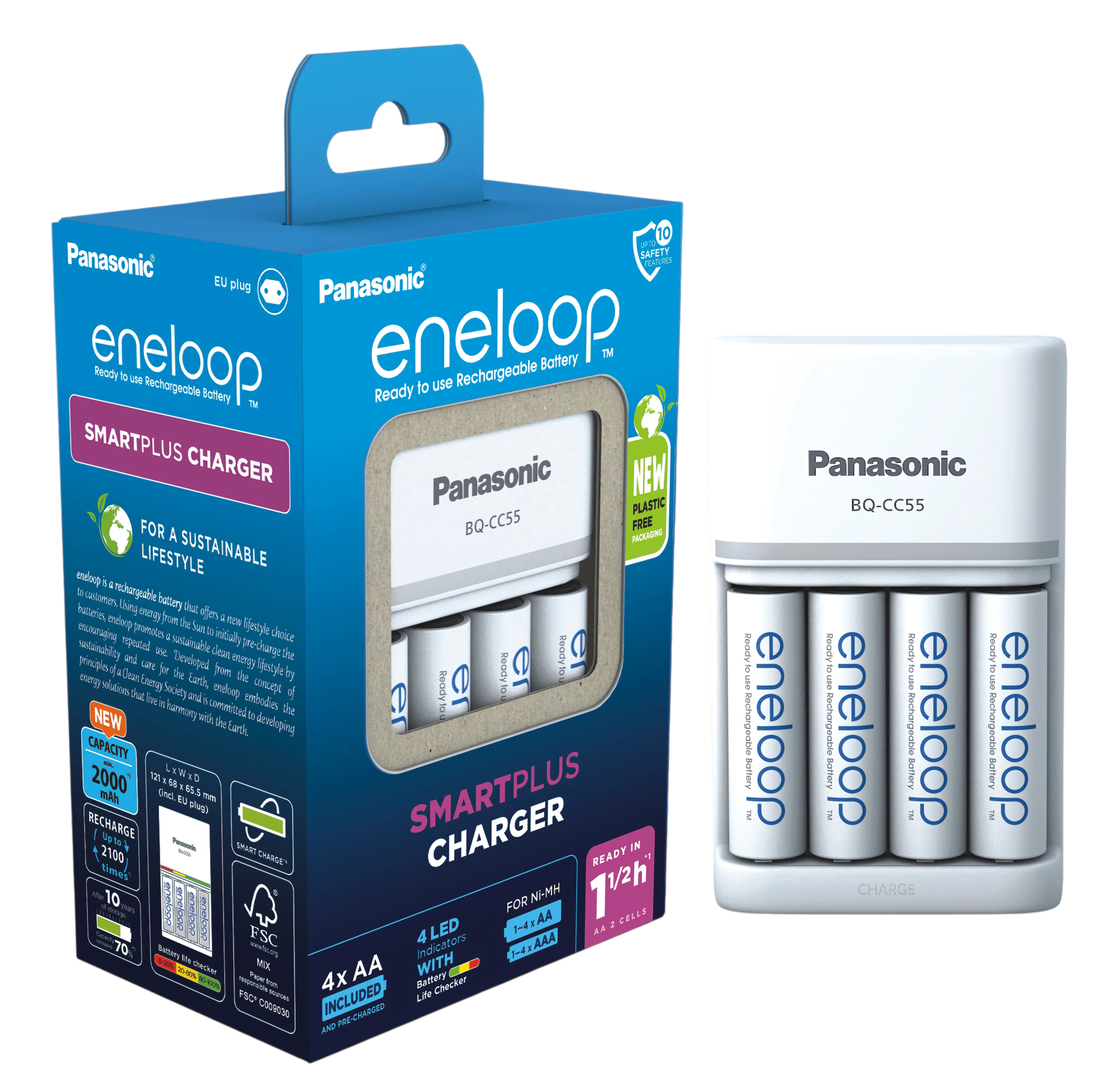 Panasonic K-KJ55MCD40E Smartplus Charger BQ-CC55, синяя упаковка и четыре аккумулятора eneloop AA 2000 мАч