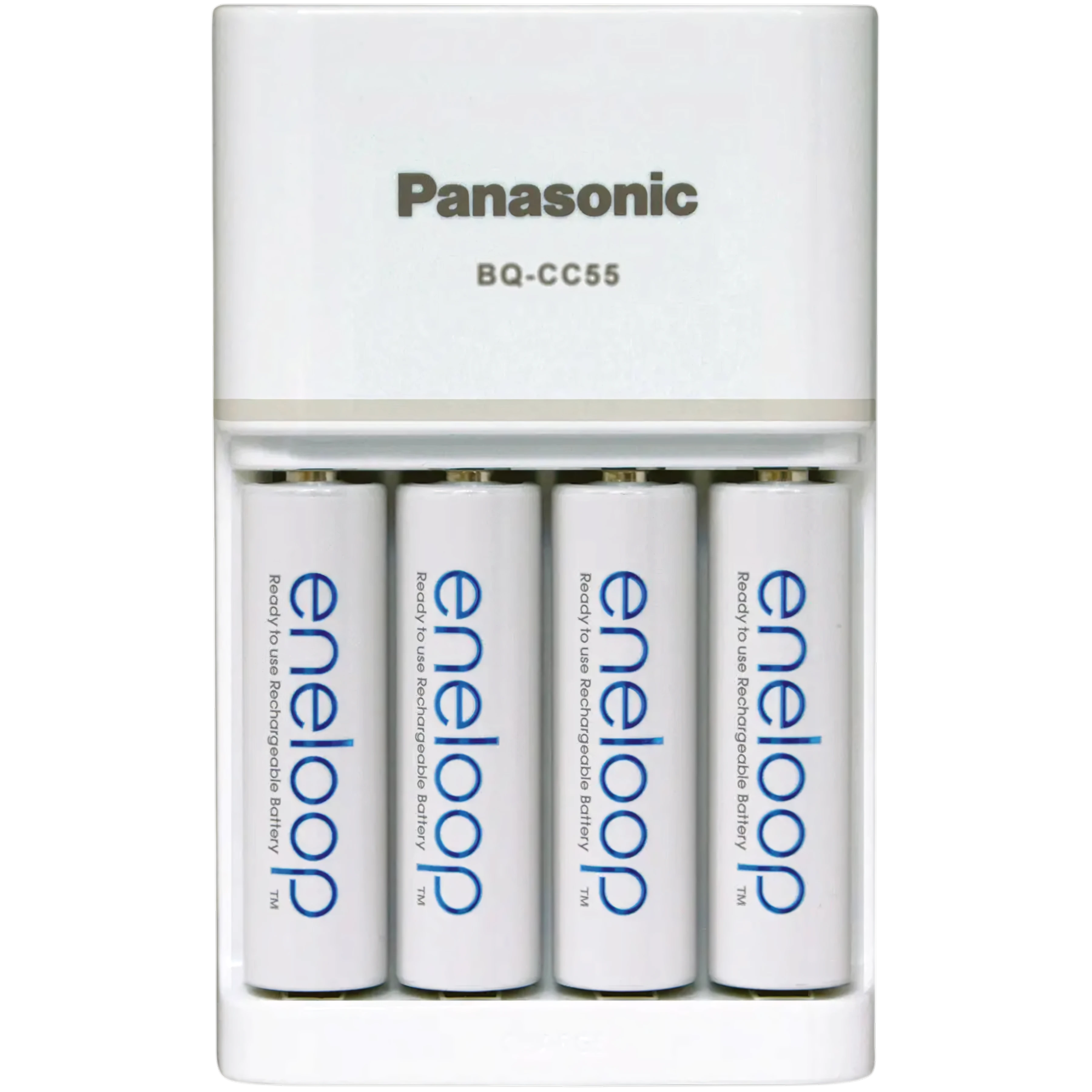 Белый Panasonic BQ-CC55 с четырьмя установленными аккумуляторами eneloop AA