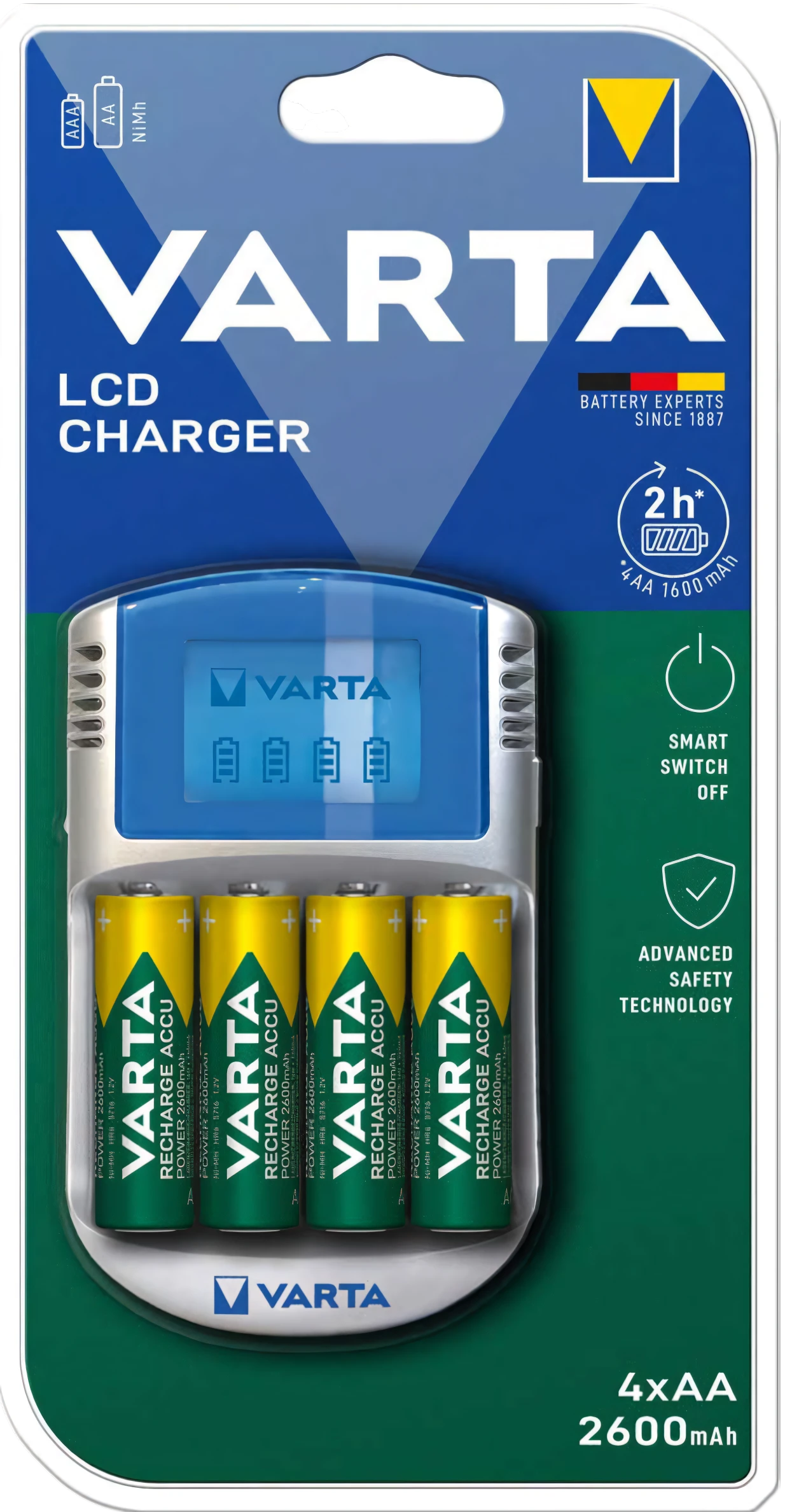 VARTA LCD Charger 57070 с четырьмя аккумуляторами AA 2600 мАч в фирменной упаковке