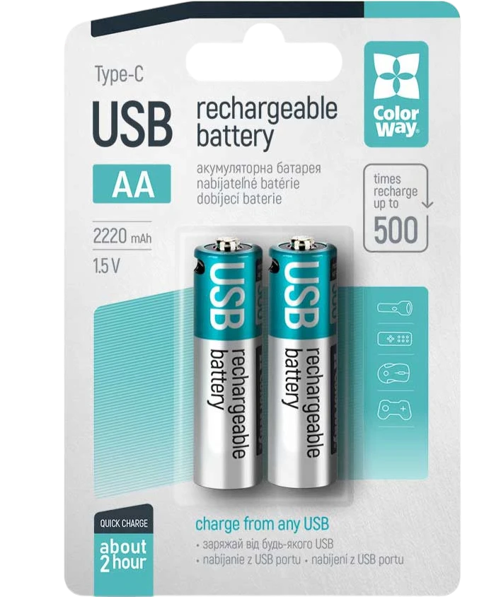 Аккумуляторы ColorWay AA USB-C CW-UBAA-10 в фирменной упаковке, 2 штуки