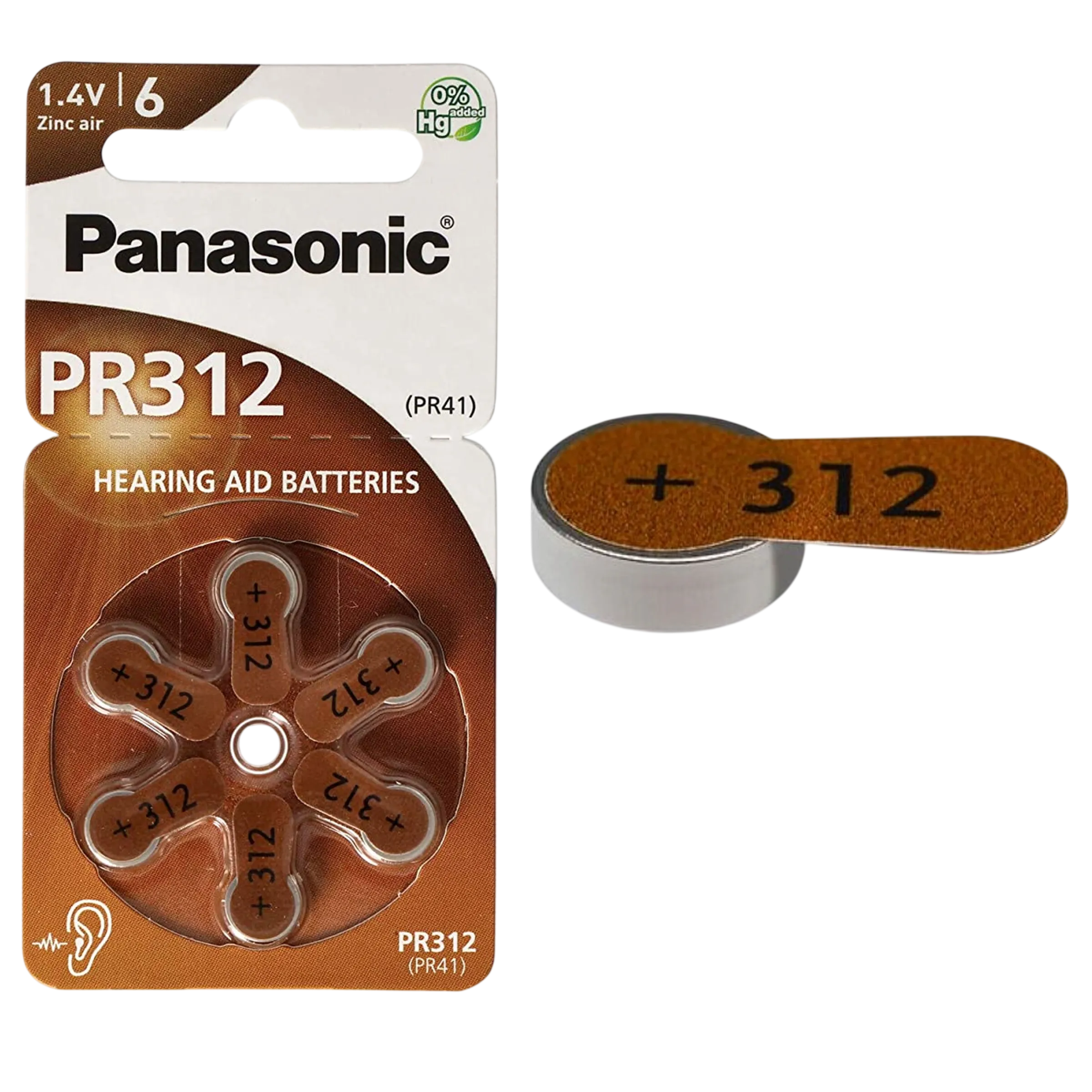Panasonic PR312 Zinc Air, упаковка из шести батареек для слуховых аппаратов