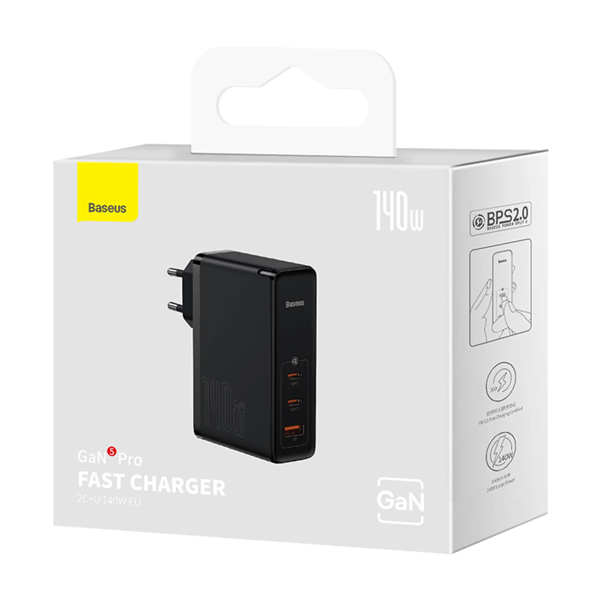 Купить Зарядное устройство Baseus GaN5 Pro Fast Charger 2C+U 140W EU Black + Data Cable Type-C 240W 48V/5A 1m Black - фото 8