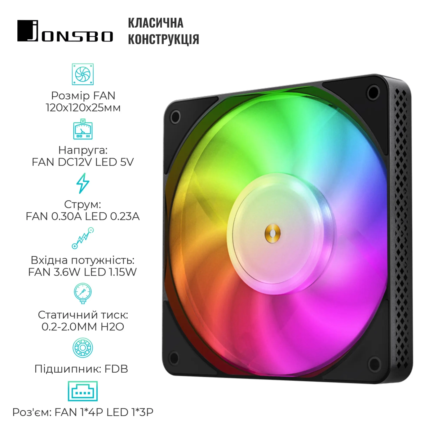 Купить Вентилятор JONSBO HF1215 Black RGB (120mm, 700-1800RPM, 29.7dB, 4pin+LED 3pin) - фото 2