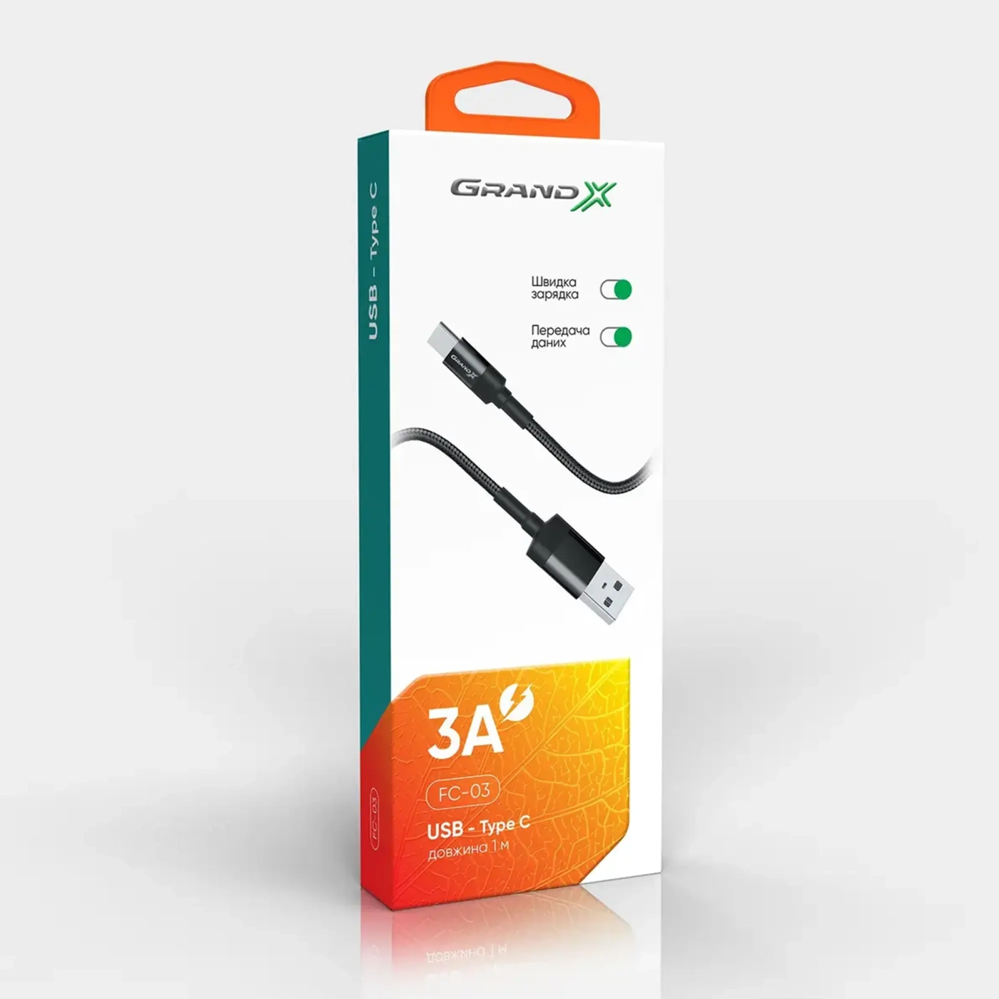 Купити Кабель Grand-X USB-type C 3A, 1m, CU, Fast Сharge, Black, захист - тканина оплетення, BOX (FC-03) - фото 4