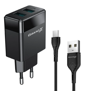 Купить Зарядное устройство Grand-X 2USB 5V 2,4A с кабелем Type C (CH-50T) - фото 0