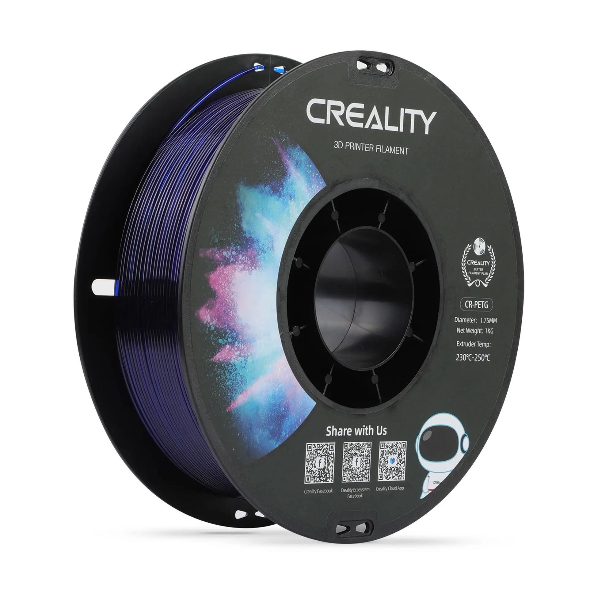 Купить PETG Filament (пластик) для 3D принтера CREALITY 1кг, 1.75мм, прозрачный (синий) - фото 1