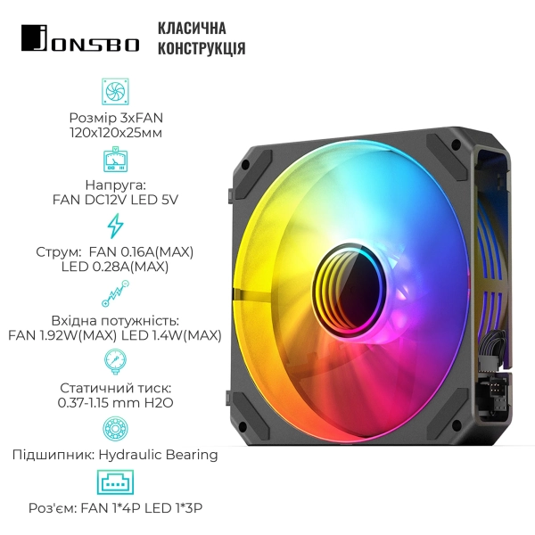 Купить Вентилятор JONSBO ZG-120BR (3in1) Black (120mm, 500-1500RPM, 36.8dB, 4pin) - фото 2