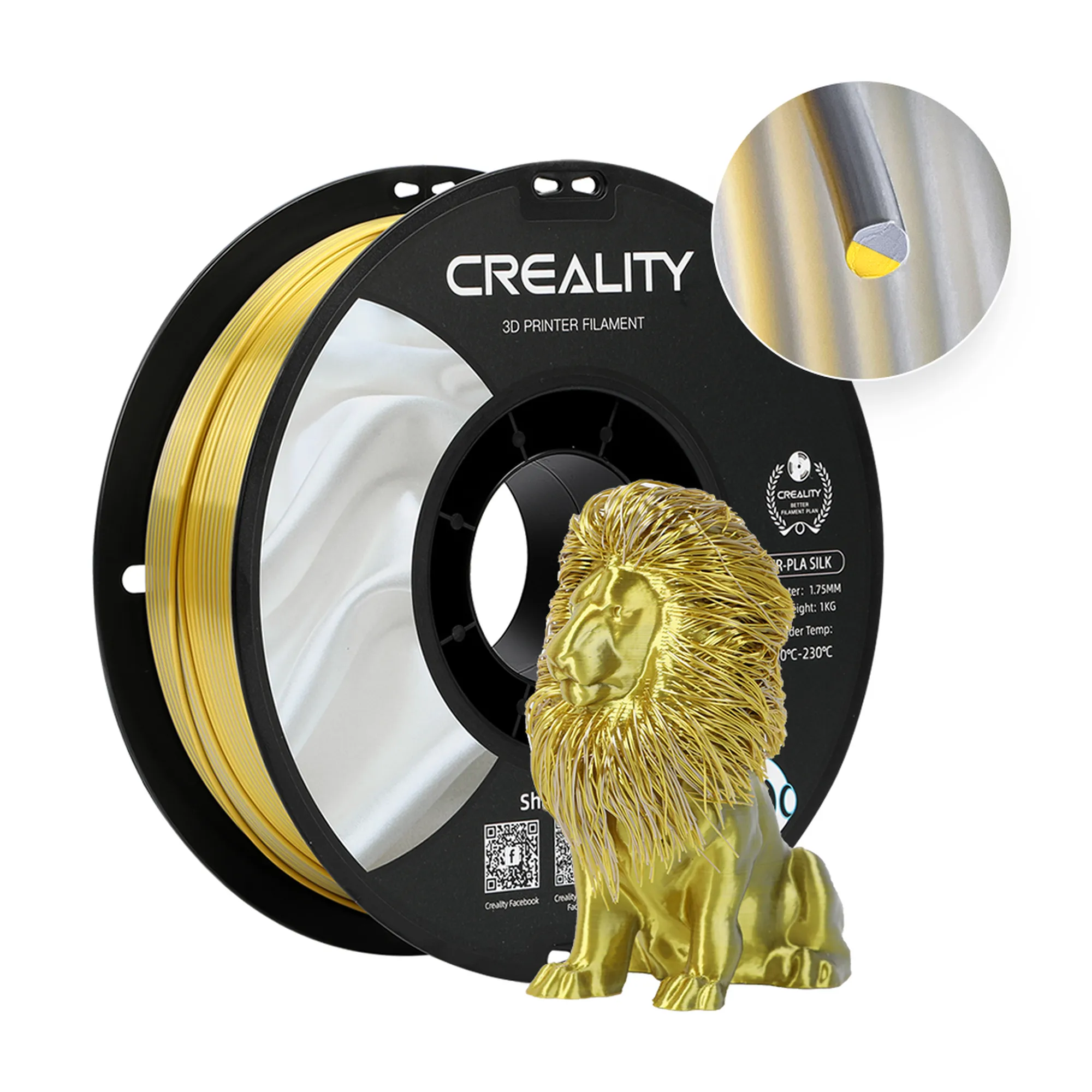 Купить PLA Filament (пластик) для 3D принтера CREALITY шелковый блеск 1кг, 1.75мм, серебристо золотой - фото 1