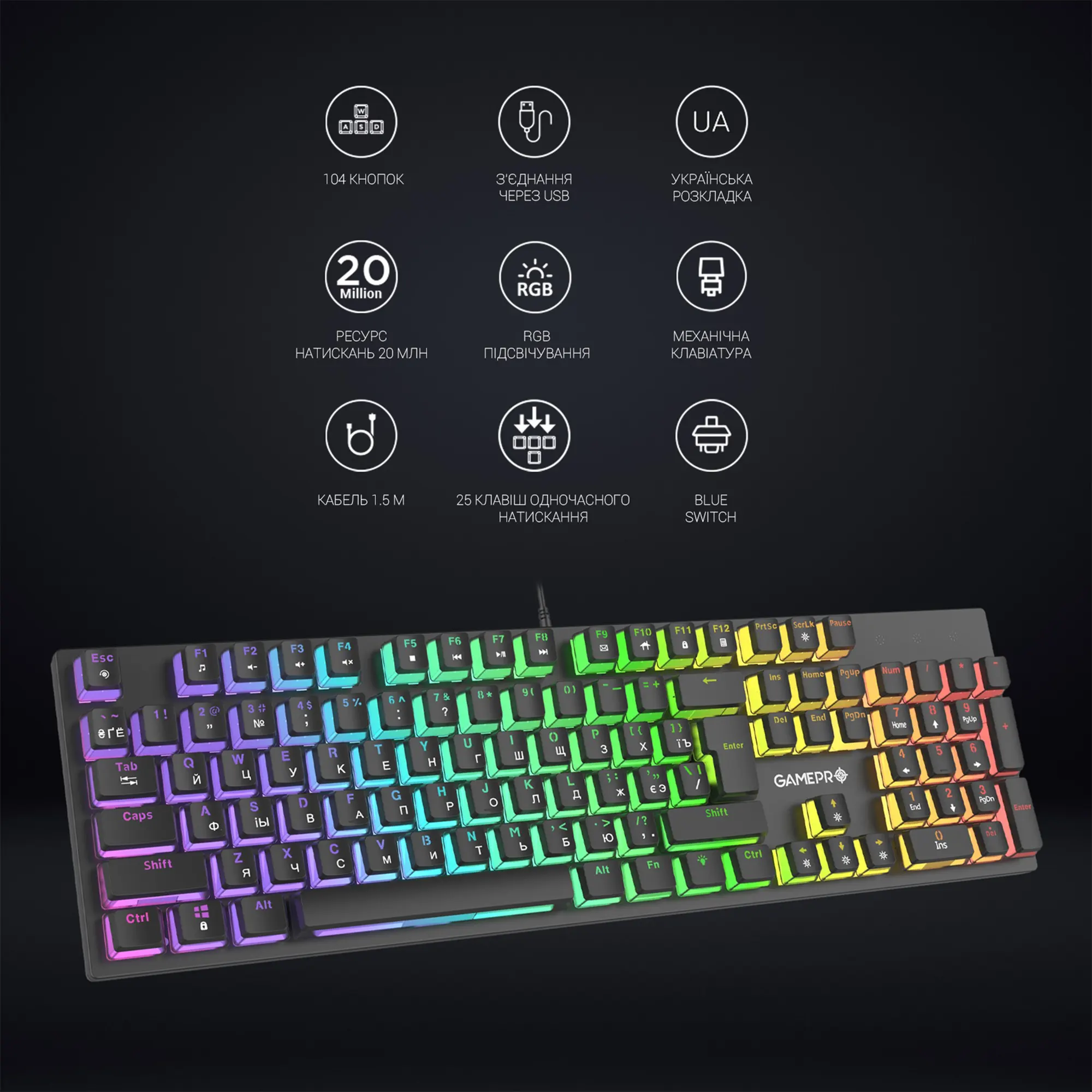 Купить Клавиатура GamePro MK85B Blue Switch RGB USB Black - фото 6