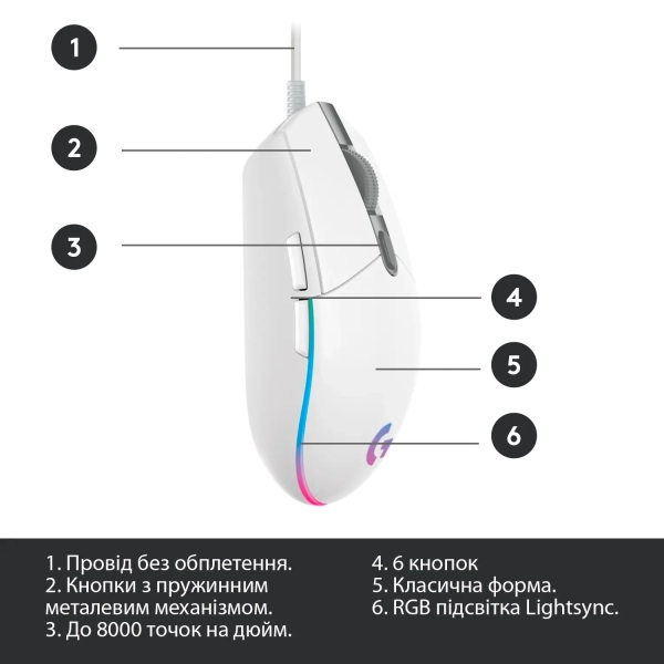 Купити Мишка Logitech G102 Lightsync White (910-005824) - фото 6