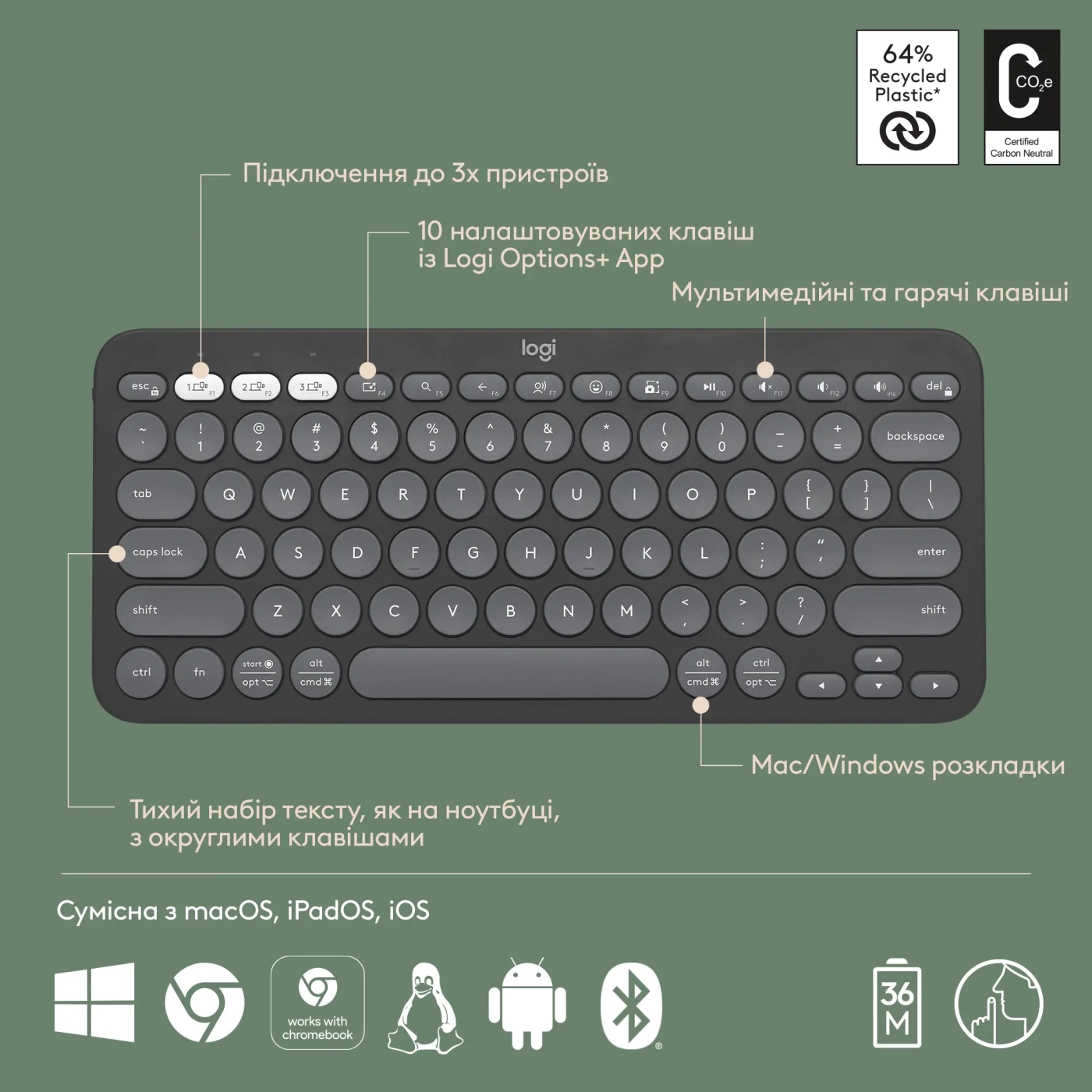 Купить Клавиатура Logitech Pebble Keys 2 K380s Tonal Graphite UA (920-011851) - фото 6