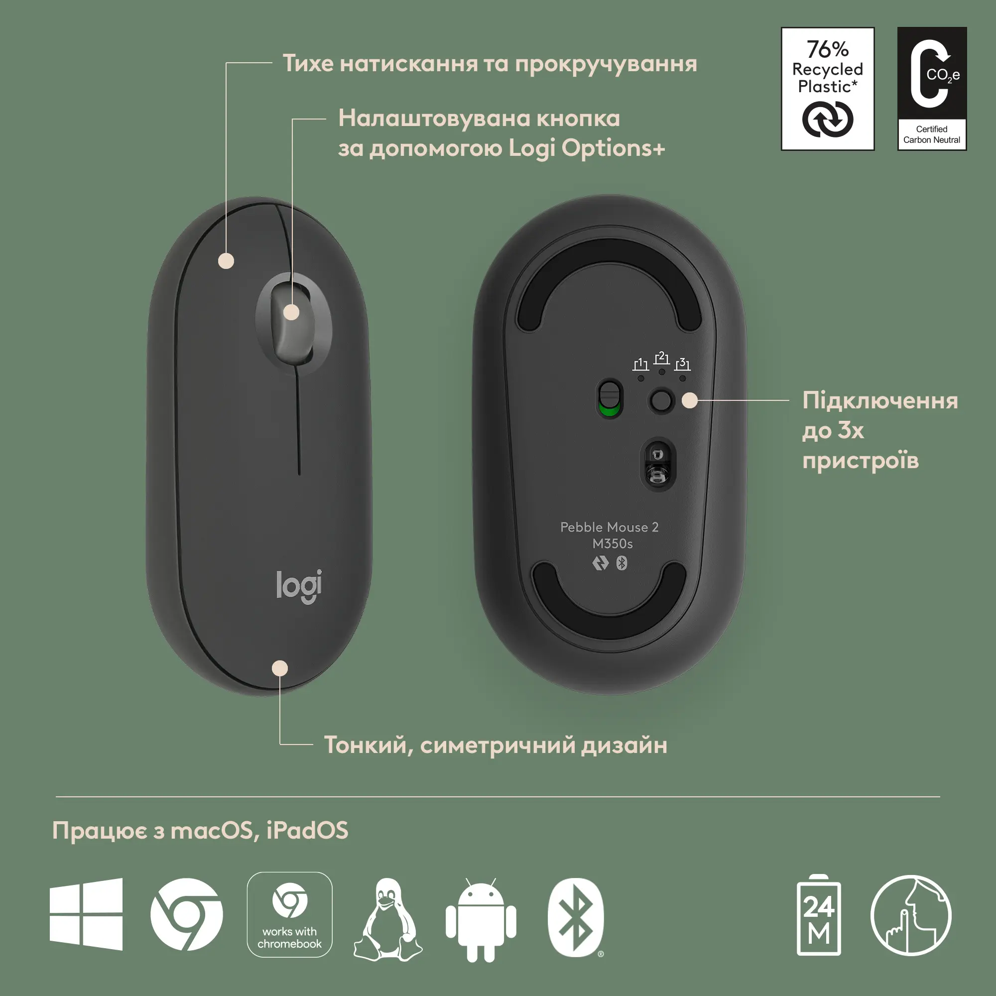 Купить Мышь Logitech Pebble Mouse 2 M350s tonal-graphite BT (910-007015) - фото 6