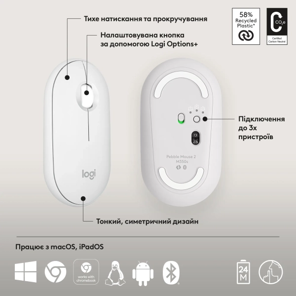 Купить Мышь Logitech Pebble Mouse 2 M350s tonal-white BT (910-007013) - фото 6