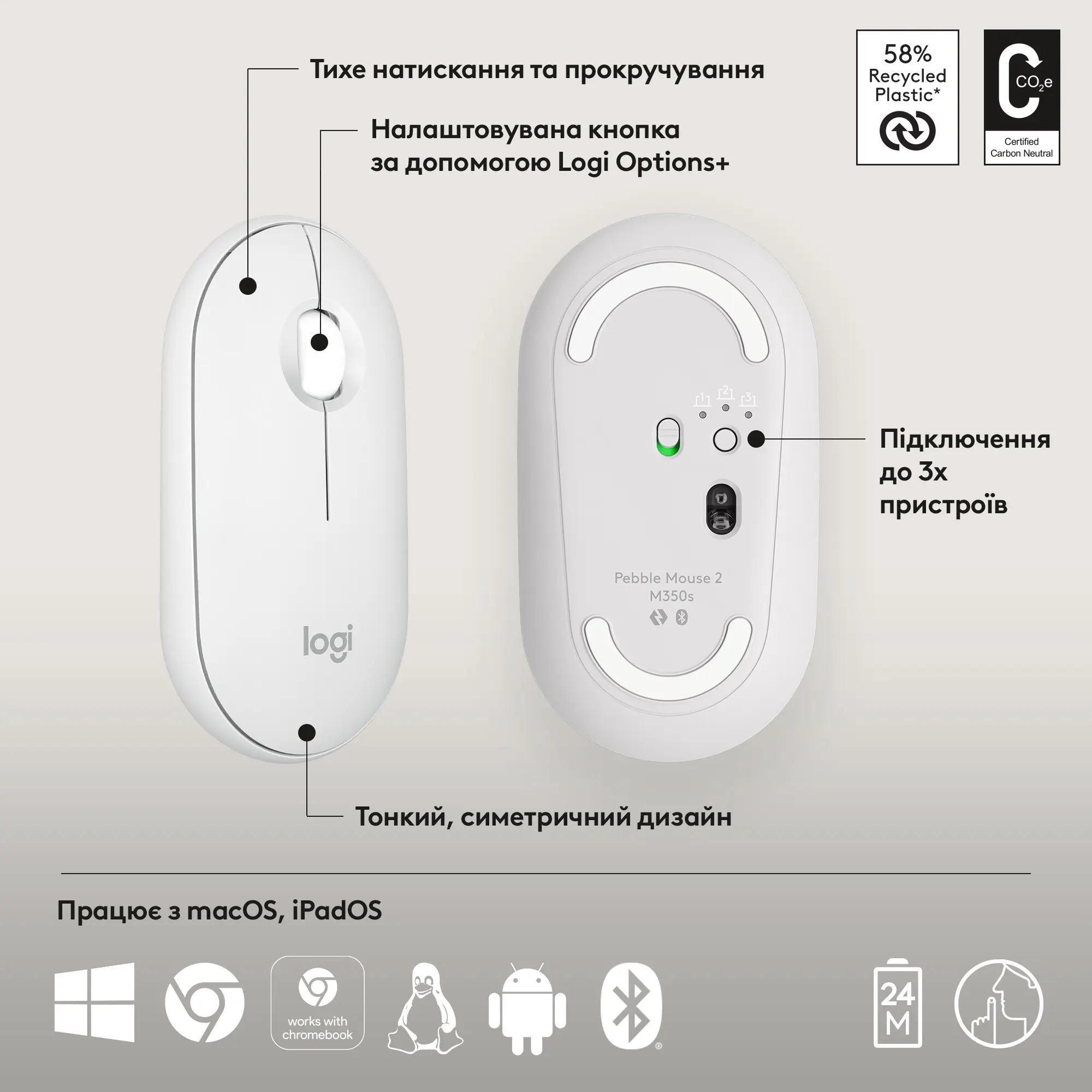Купить Мышь Logitech Pebble Mouse 2 M350s tonal-white BT (910-007013) - фото 6