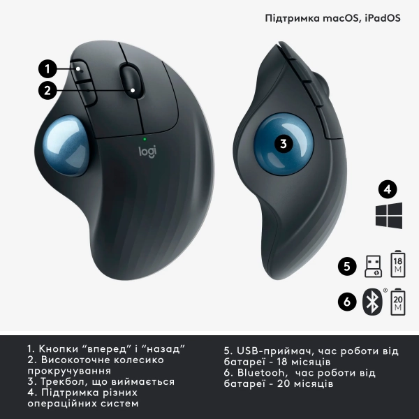 Купити Миша Logitech ERGO M575 For Business graphite 2.4GHZ/BT (910-006221) - фото 6