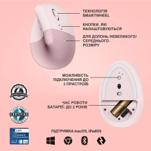 Купити Миша Logitech Lift Vertical Ergonomic Mouse rose/dark-rose 2.4GHZ/BT (910-006478) - фото 6