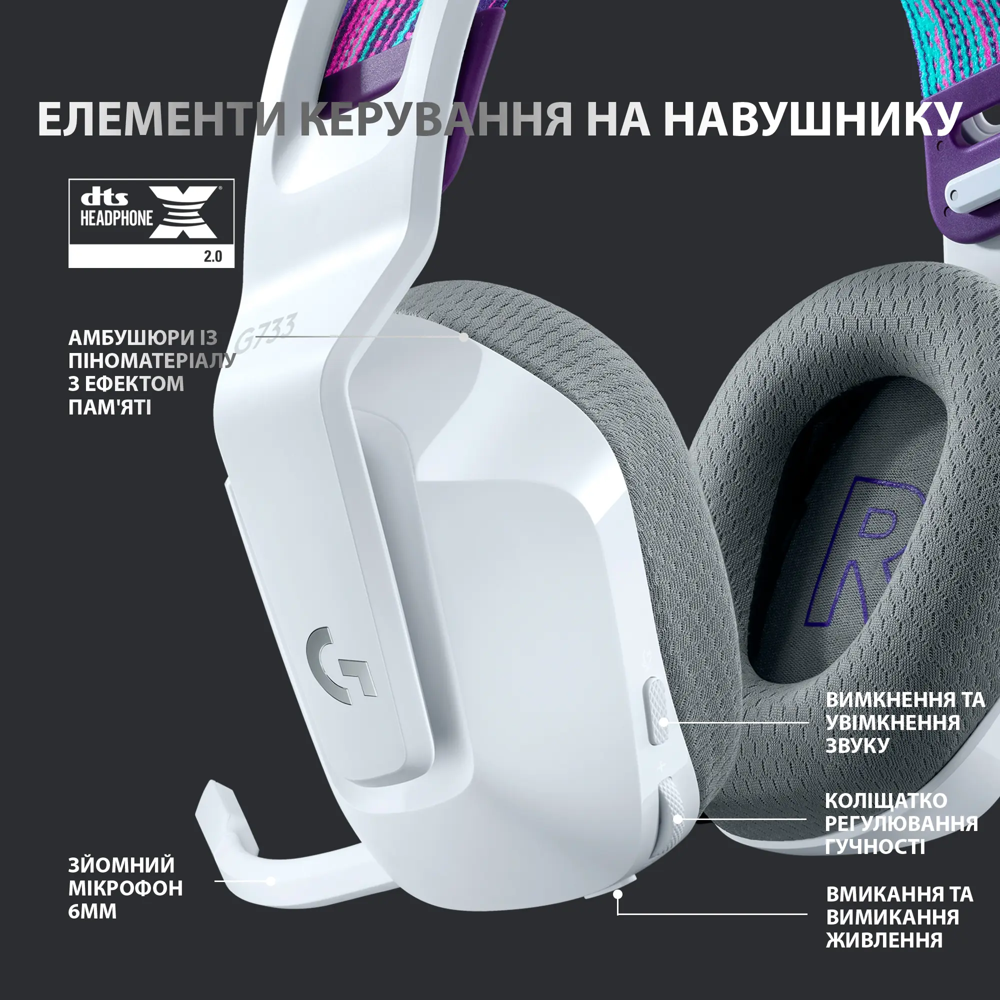 Купить Наушники Logitech G733 LIGHTSPEED Wireless RGB White (981-000883) - фото 5