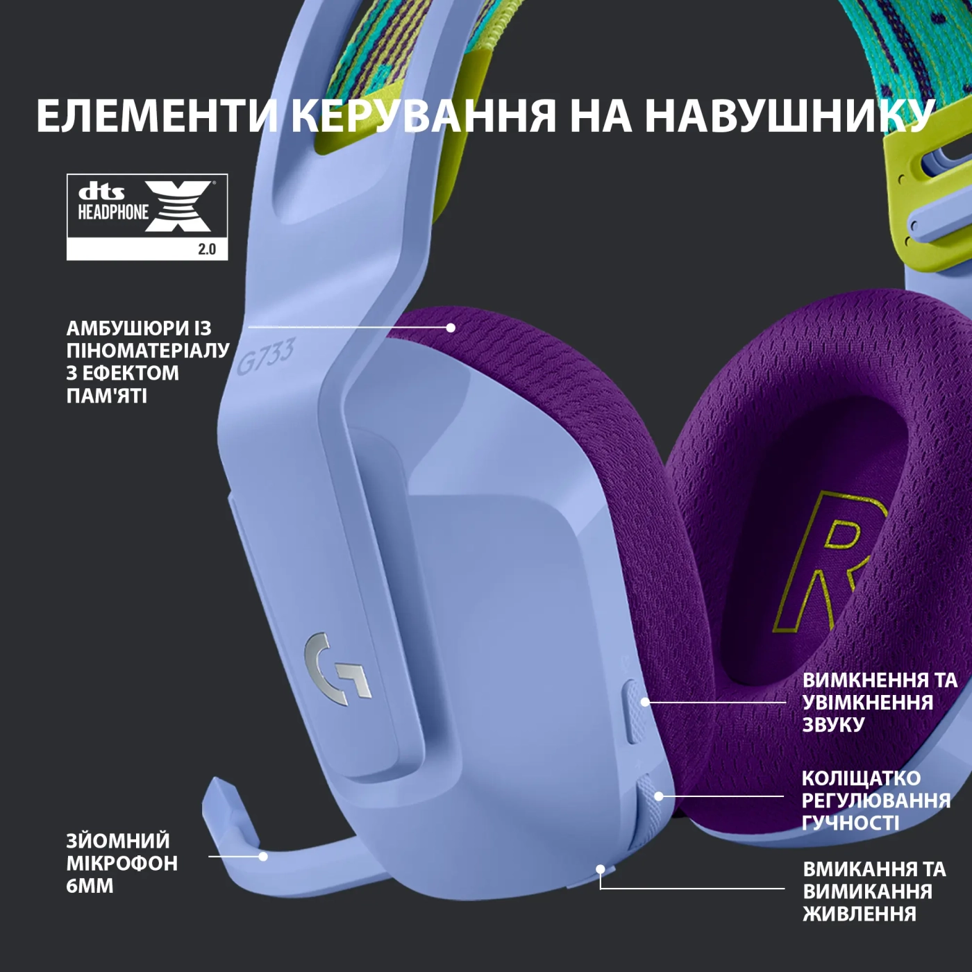 Купить Наушники Logitech G733 LIGHTSPEED Wireless RGB Lilac (981-000890) - фото 5