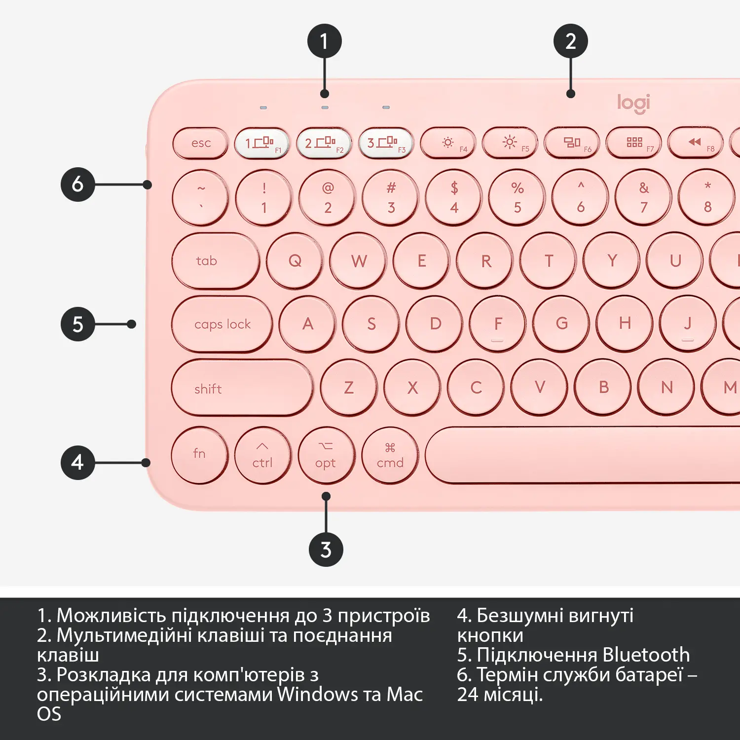 Купити Клавіатура Logitech K380 for MAC Multi-Device Bluetooth Keyboard Rose US (920-010406) - фото 7