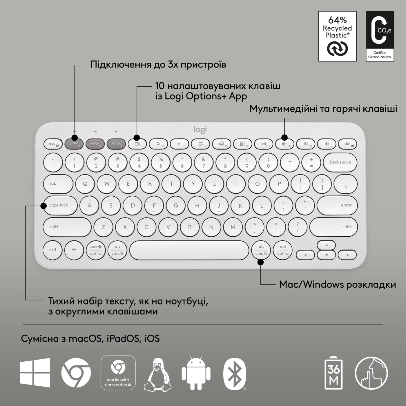 Купить Клавиатура Logitech K380s Pebble Keys 2 Tonal White US (920-011852) - фото 6