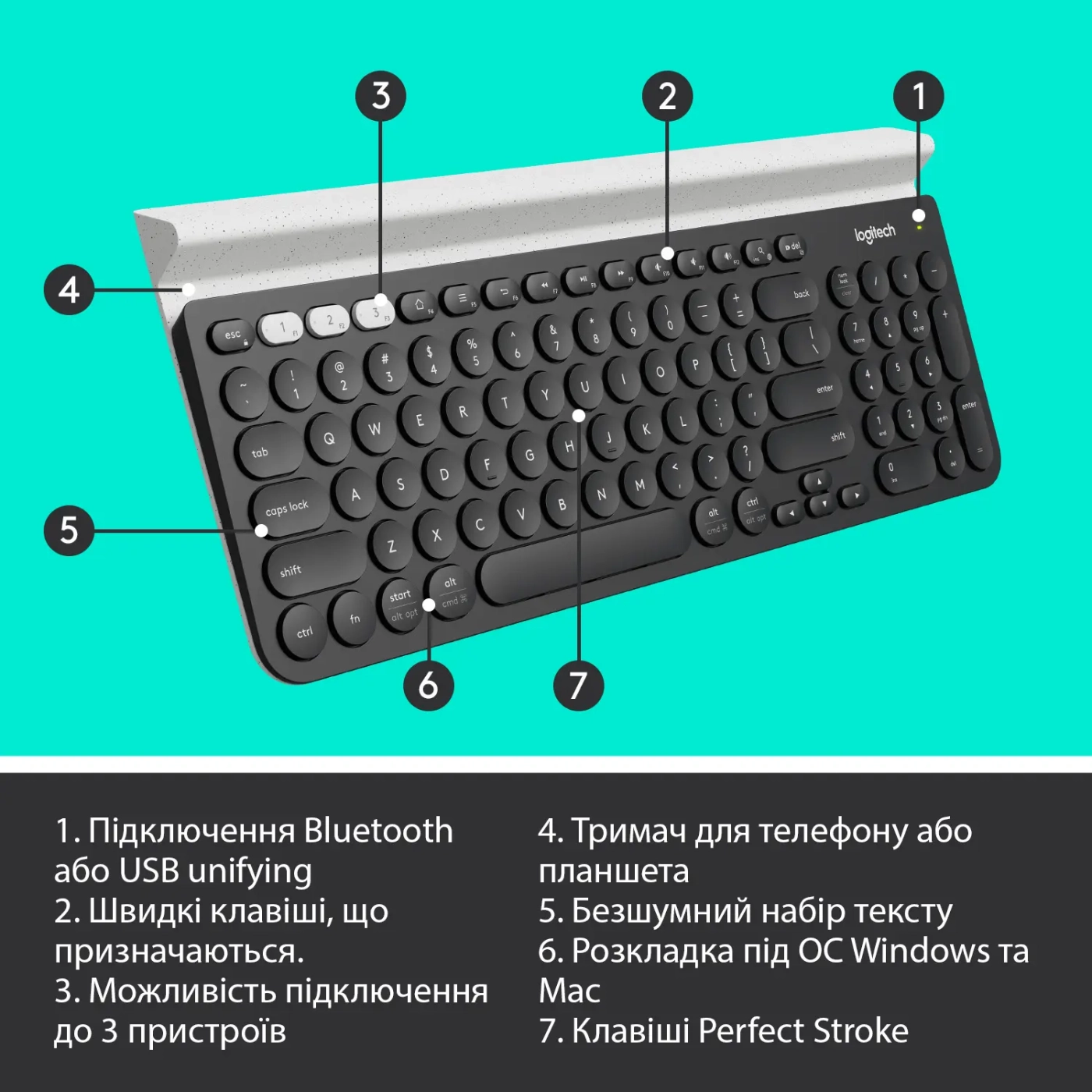Купить Клавиатура Logitech K780 Multi-Device Wireless Keyboard US DARK GREY/SPECKLED White (920-008042) - фото 6