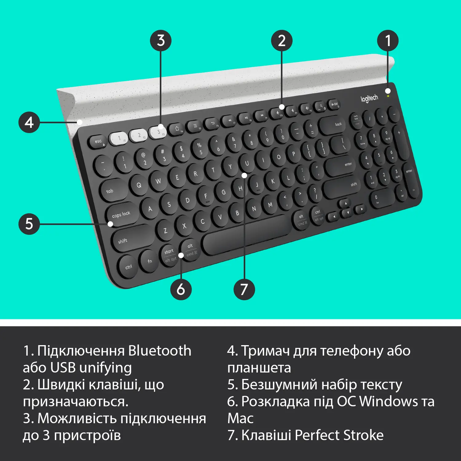 Купить Клавиатура Logitech K780 Multi-Device Wireless Keyboard US DARK GREY/SPECKLED White (920-008042) - фото 6