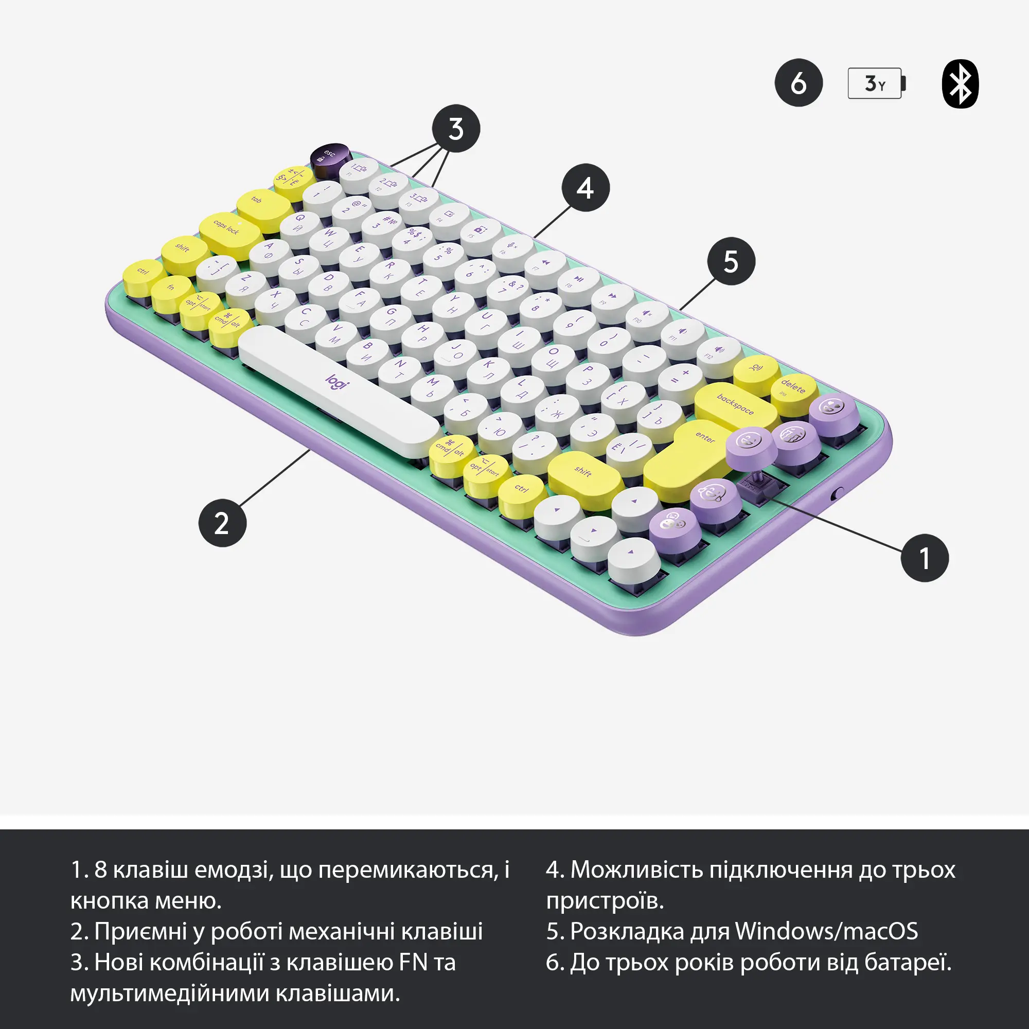 Купить Клавиатура Logitech POP Keys Wireless Mechanical Keyboard With Emoji Keys Daydream US BT (920-010736) - фото 6