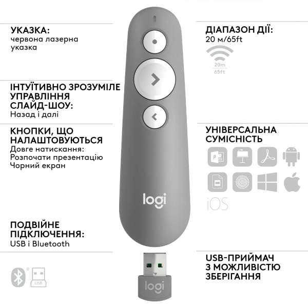 Купити Презентер Logitech R500s Laser Presentation Remot Mid Grey 2.4GHZ-BT (910-006520) - фото 6