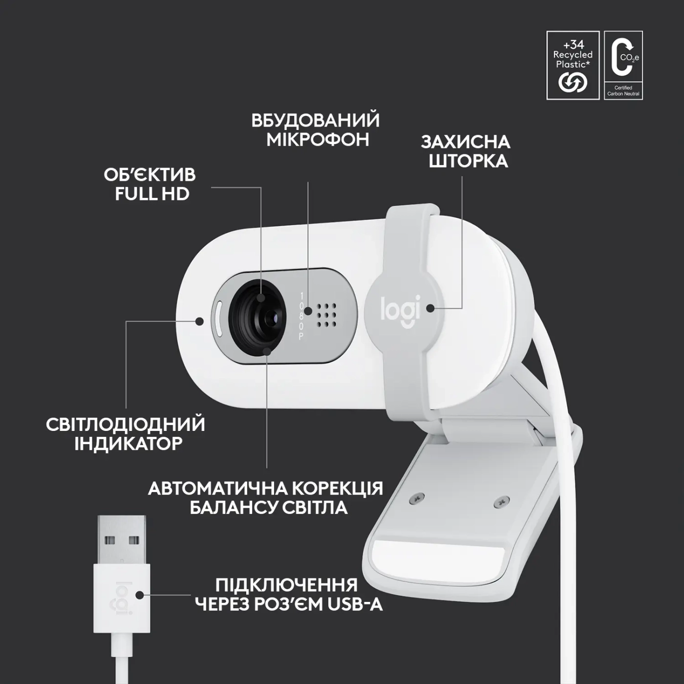Купить Веб-камера Logitech Brio 100 FHD Off White (960-001617) - фото 6