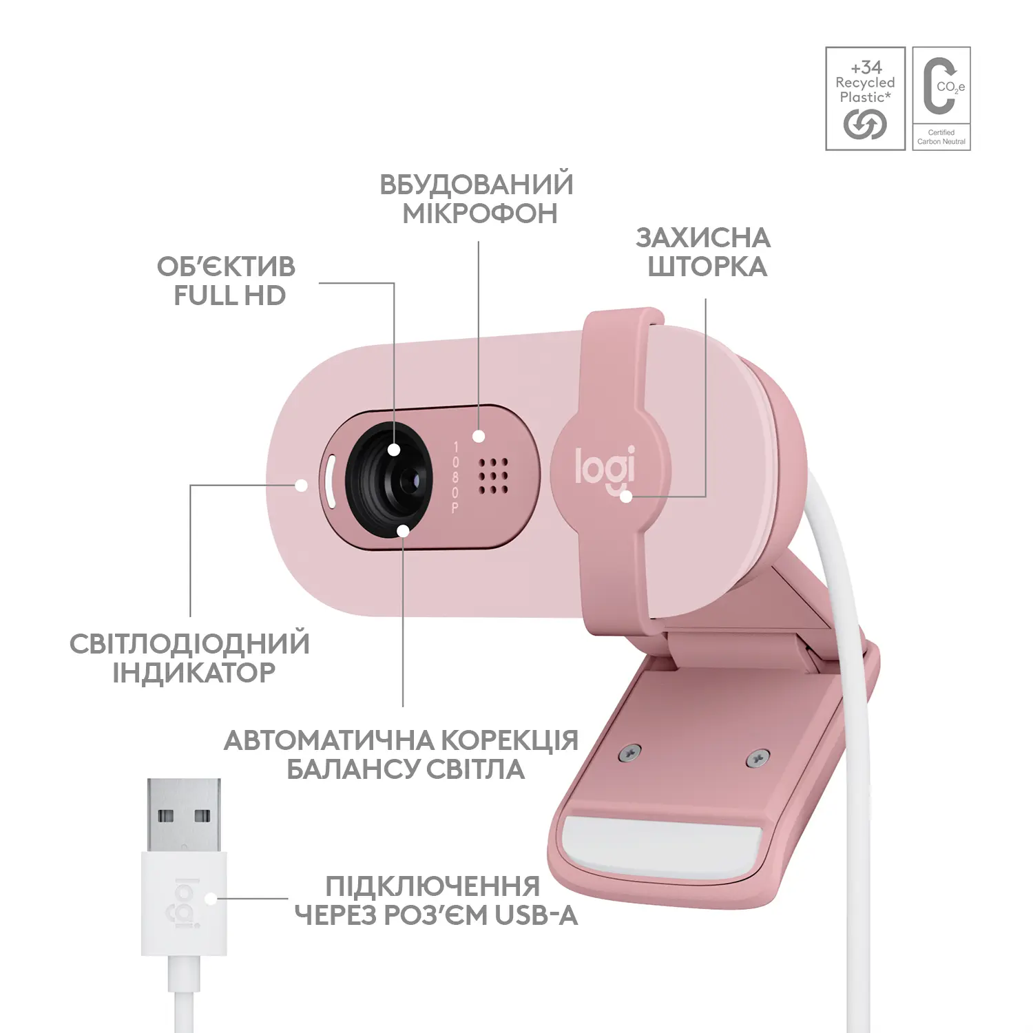 Купить Веб-камера Logitech Brio 100 FHD Rose (960-001623) - фото 6