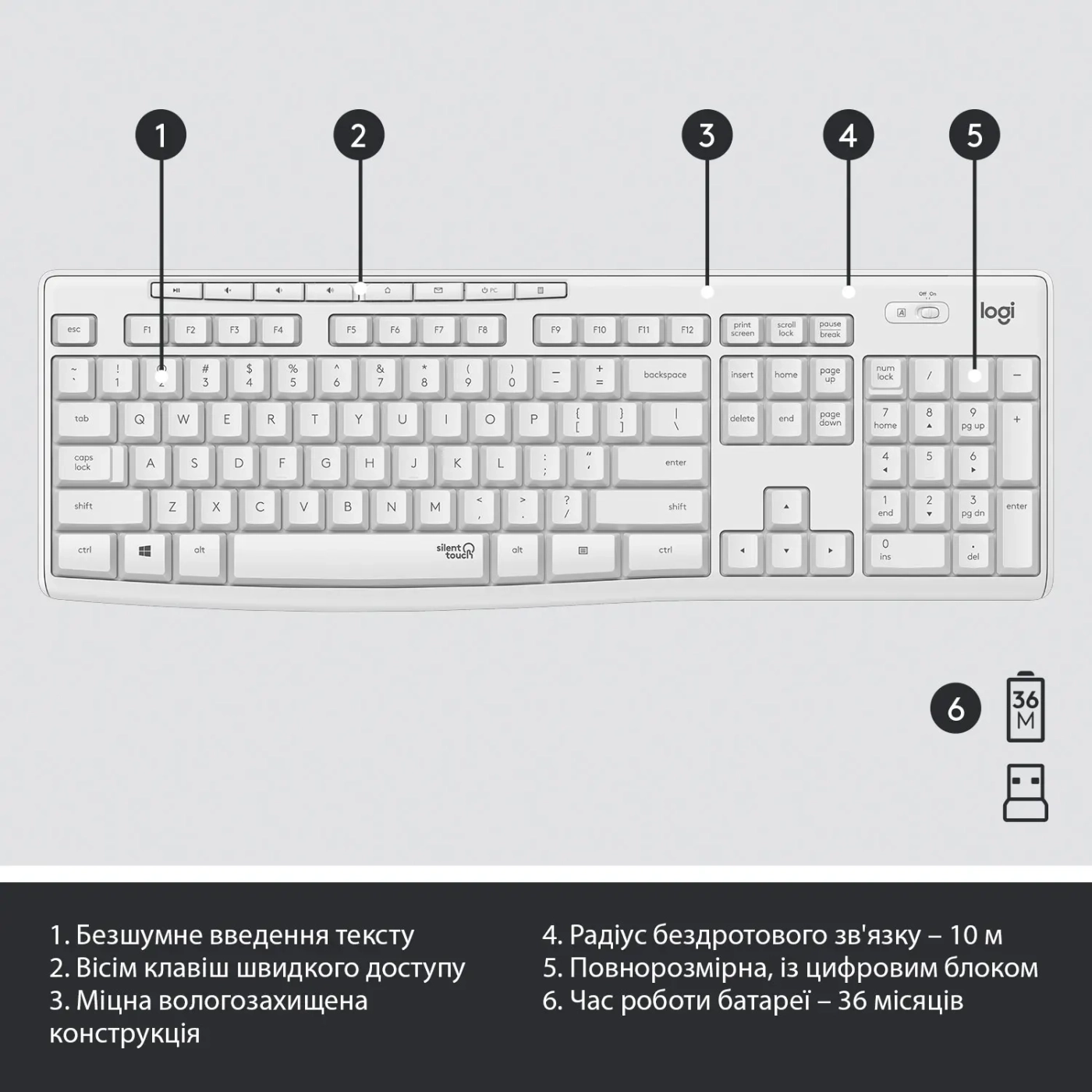 Купить Комплект клавиатура и мышь Logitech MK295 Silent Wireless Combo Off White US (920-009824) - фото 6