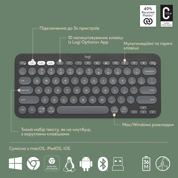 Купити Комплект клавіатура та миша Logitech Pebble 2 Combo Graphite US 2.4GHZ/BT (920-012239) - фото 6
