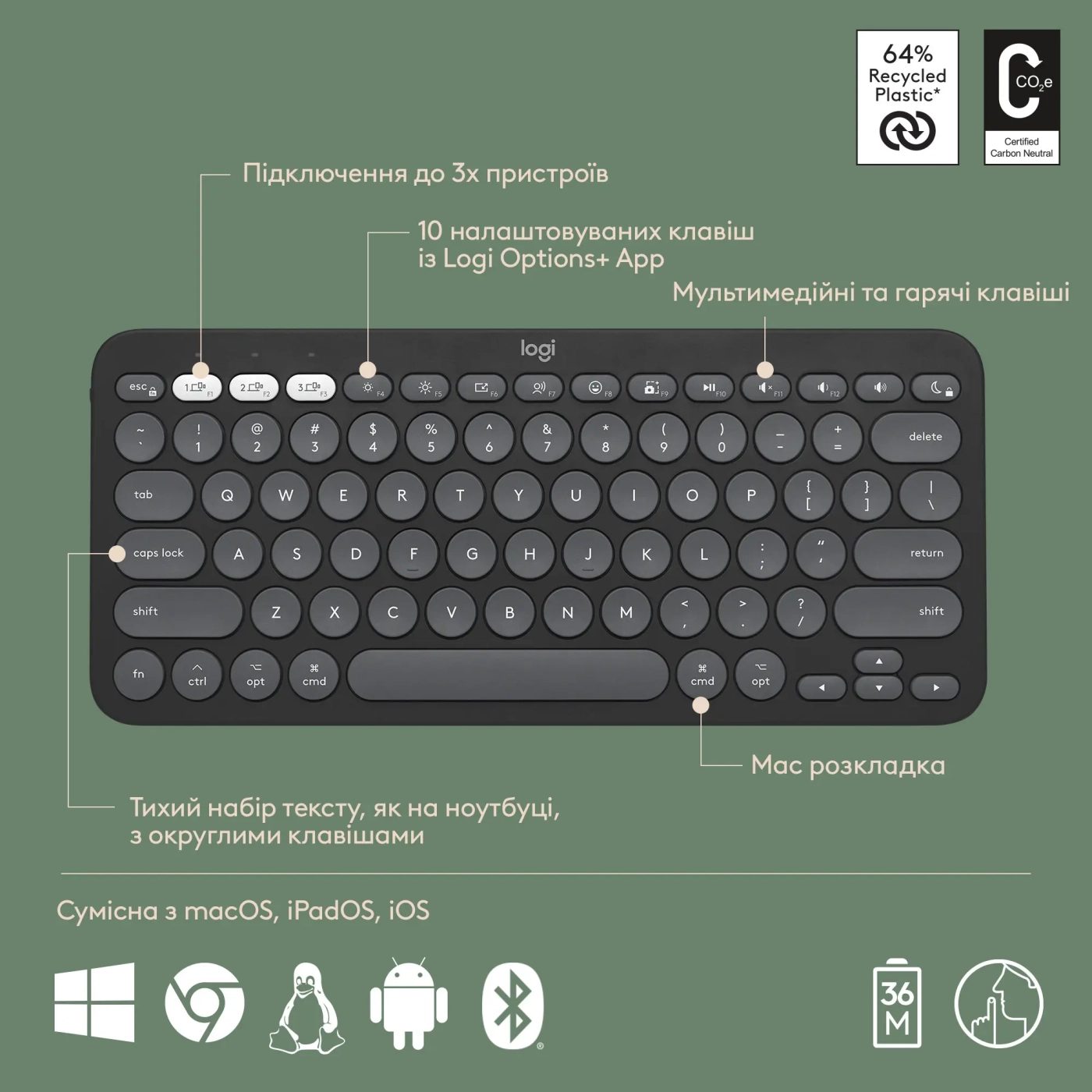 Купити Комплект клавіатура та миша Logitech Pebble 2 Combo for Mac Graphite US BT (920-012244) - фото 6