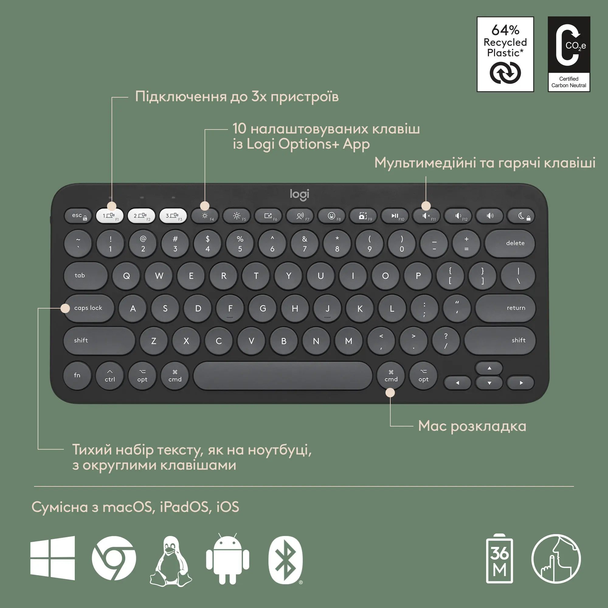 Купити Комплект клавіатура та миша Logitech Pebble 2 Combo for Mac Graphite US BT (920-012244) - фото 6