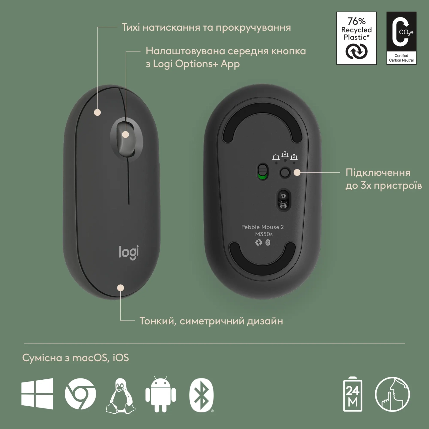 Купити Комплект клавіатура та миша Logitech Pebble 2 Combo for Mac Graphite US BT (920-012244) - фото 7
