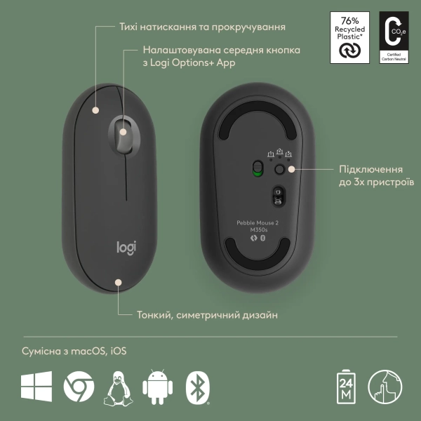 Купити Комплект клавіатура та миша Logitech Pebble 2 Combo for Mac Graphite US BT (920-012244) - фото 7