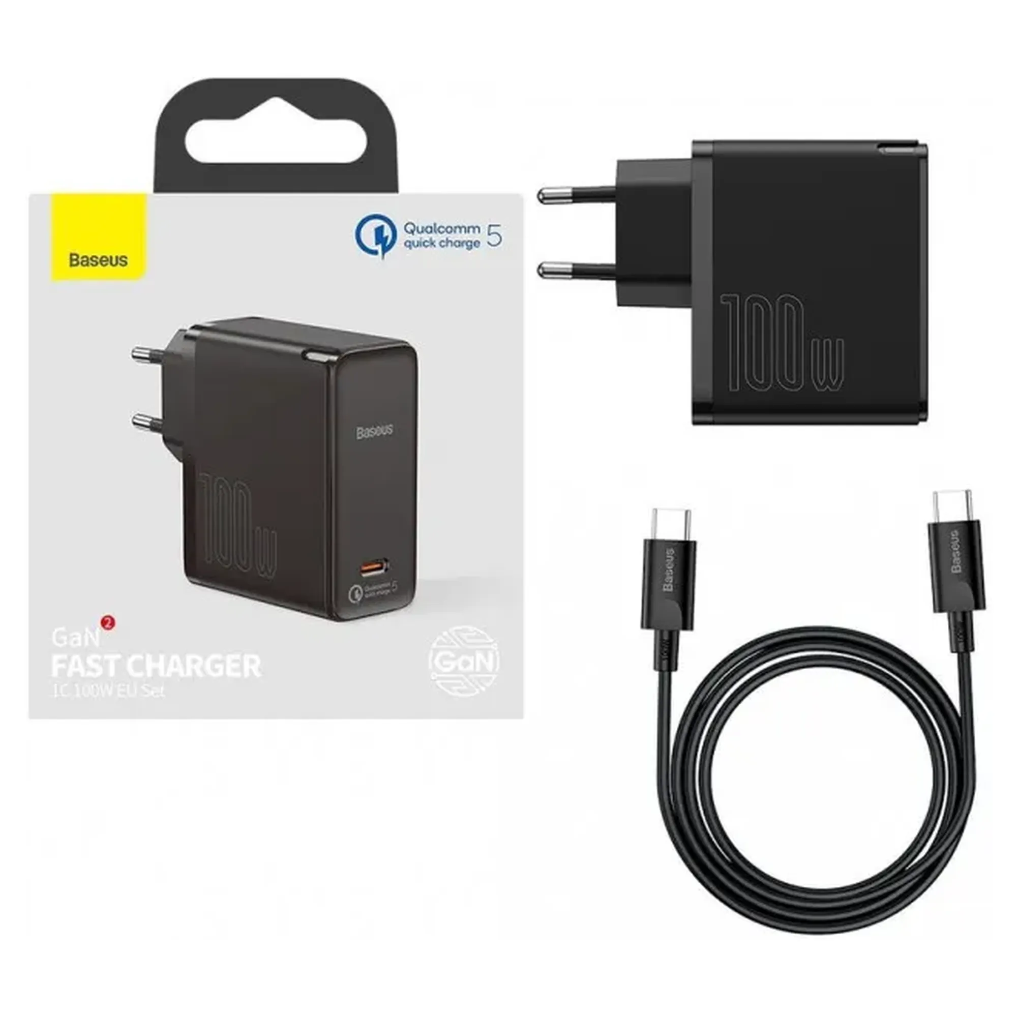 Купити МЗП Baseus GaN2 Fast Charger 1C 100W Set Black (With Cable Type-C to Type-C 100W(20V/5A) 1.5m Black) - фото 7