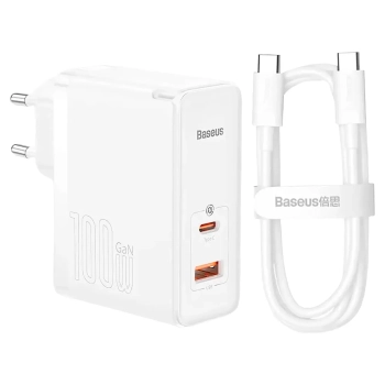 Купить СЗУ Baseus GaN5 Pro Fast Charger C+U 100W (Cable Type-C to Type-C 100W(20V/5A) 1m) White - фото 1