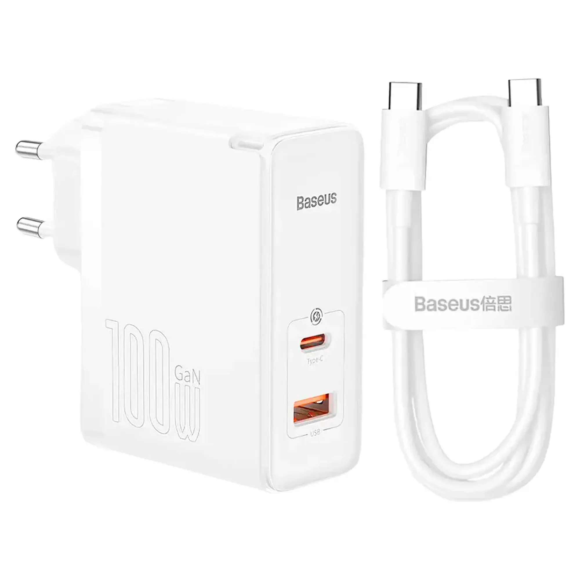 Купити МЗП Baseus GaN5 Pro Fast Charger C+U 100W (Cable Type-C to Type-C 100W(20V/5A) 1m) White - фото 1