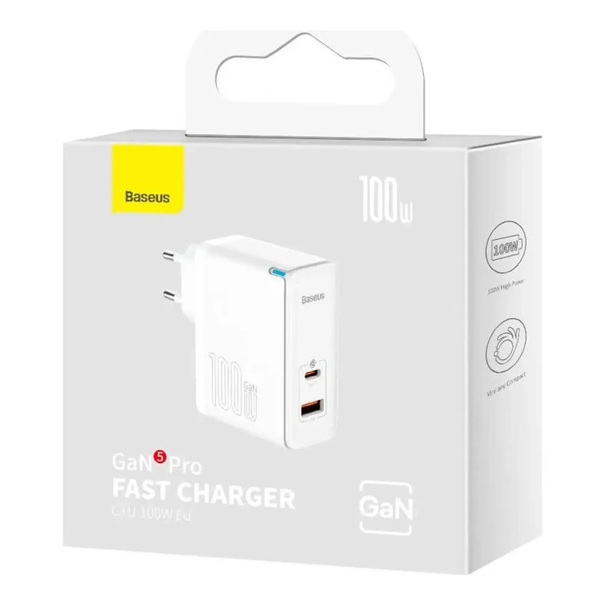Купити МЗП Baseus GaN5 Pro Fast Charger C+U 100W (Cable Type-C to Type-C 100W(20V/5A) 1m) White - фото 6