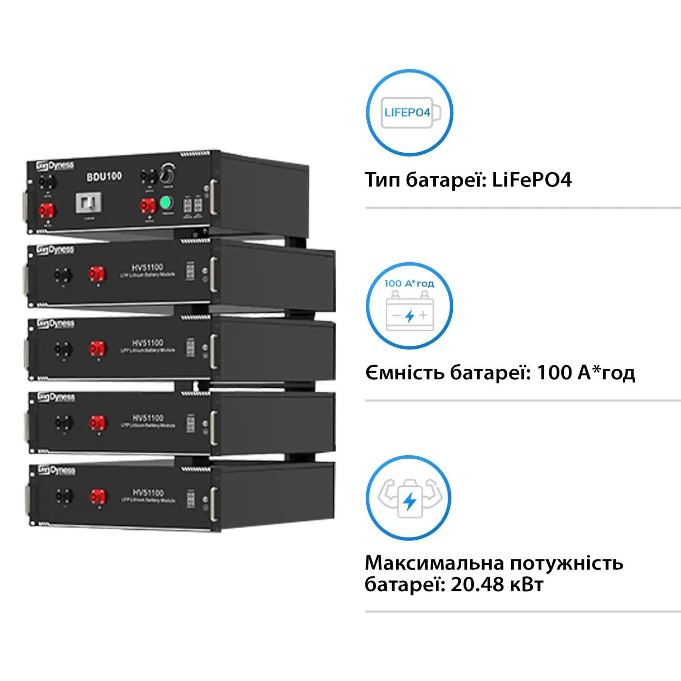 Купити Блок батарей Dyness HV51100-4 20.48kW 204.8V 100Ah LiFePO4 BDU100 RACK - фото 2