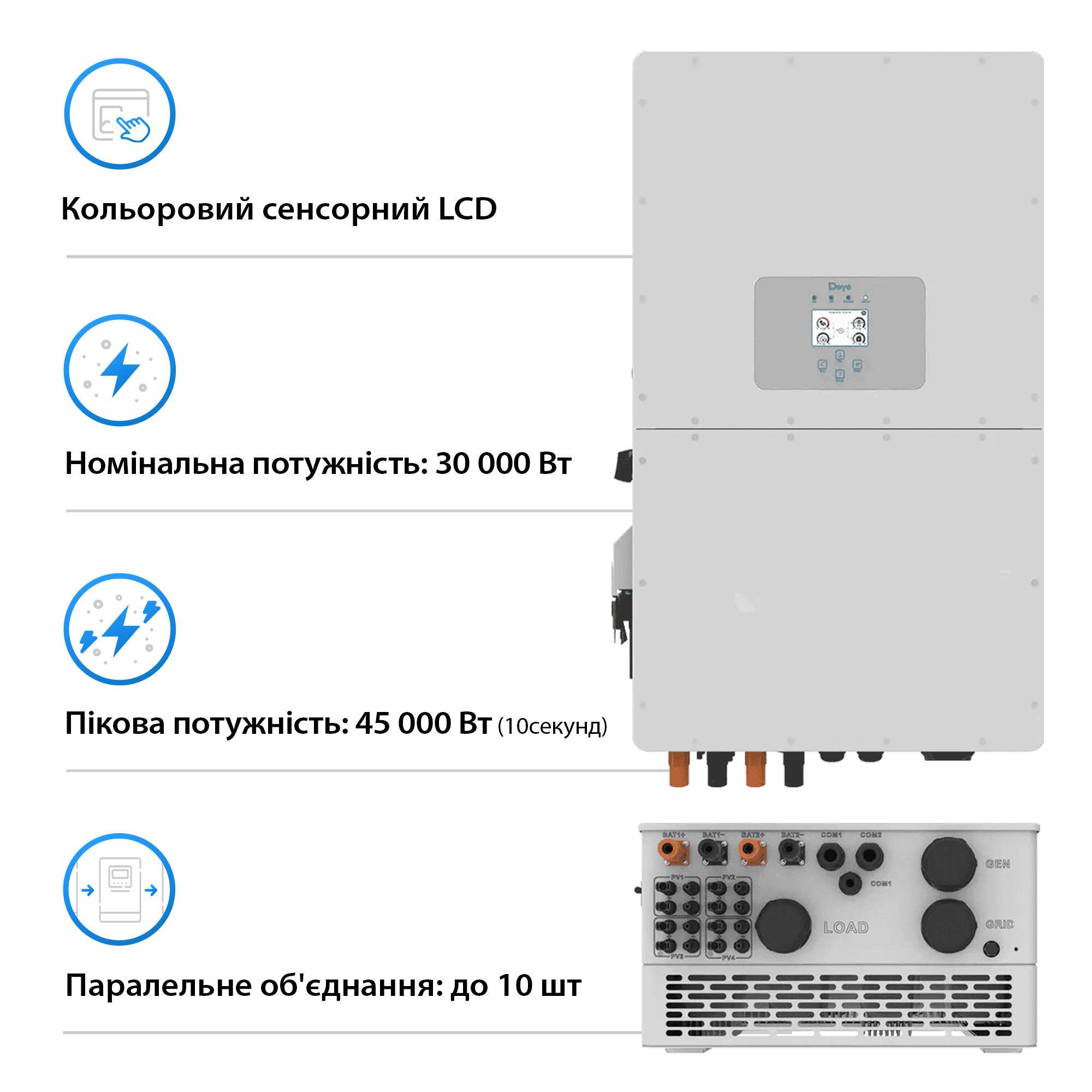 Купити Система зберігання енергії DEYE SUN-30K-SG01HP3-EU-BM3-HV51100-7-35.84kW-LFP 30kW 35.84kWh 1BAT LiFePO4 6000 циклів - фото 4