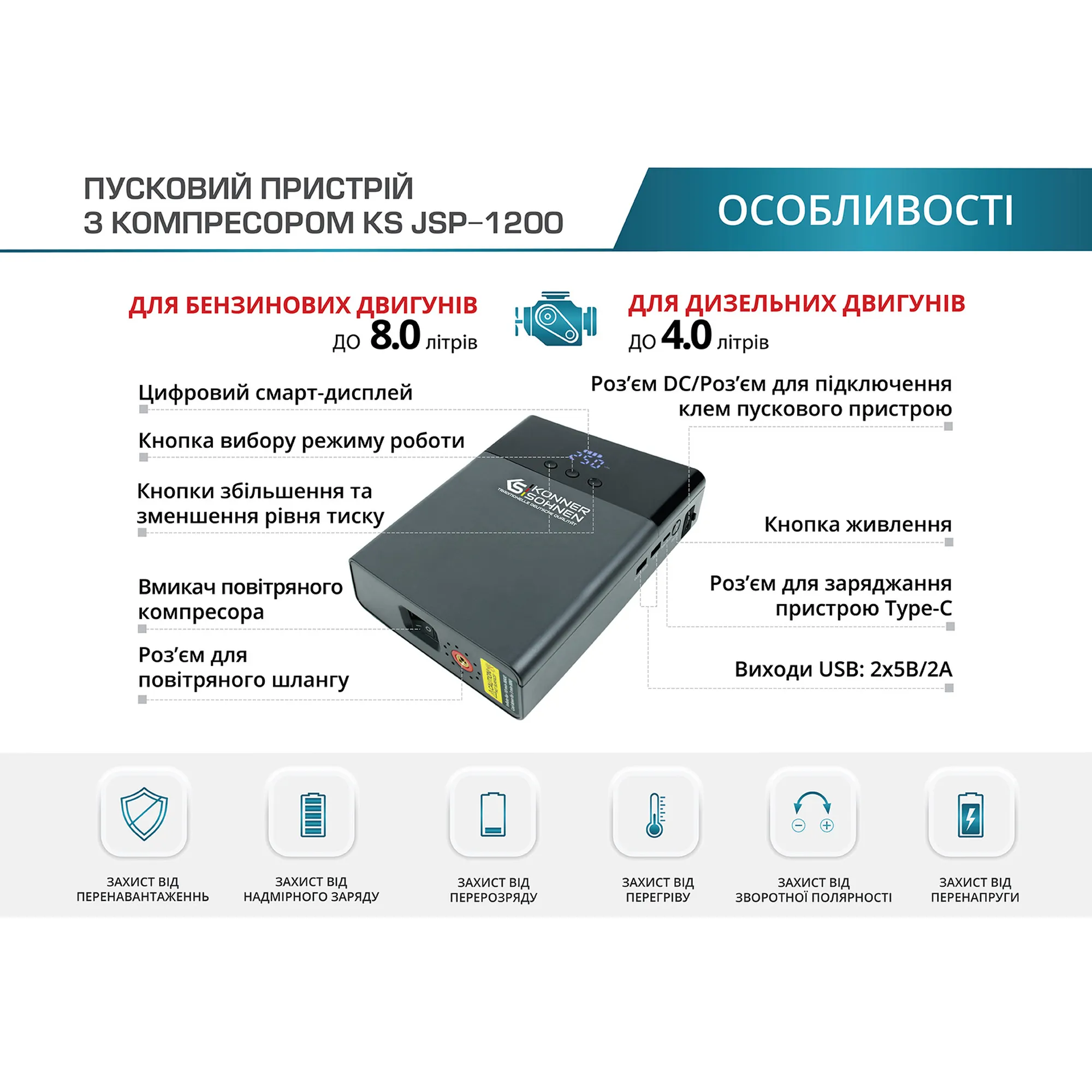 Купити Пуско-зарядний пристрій портативний Konner Sohnen KS JSP-1200 з компресором (KSJSP-1200) - фото 3